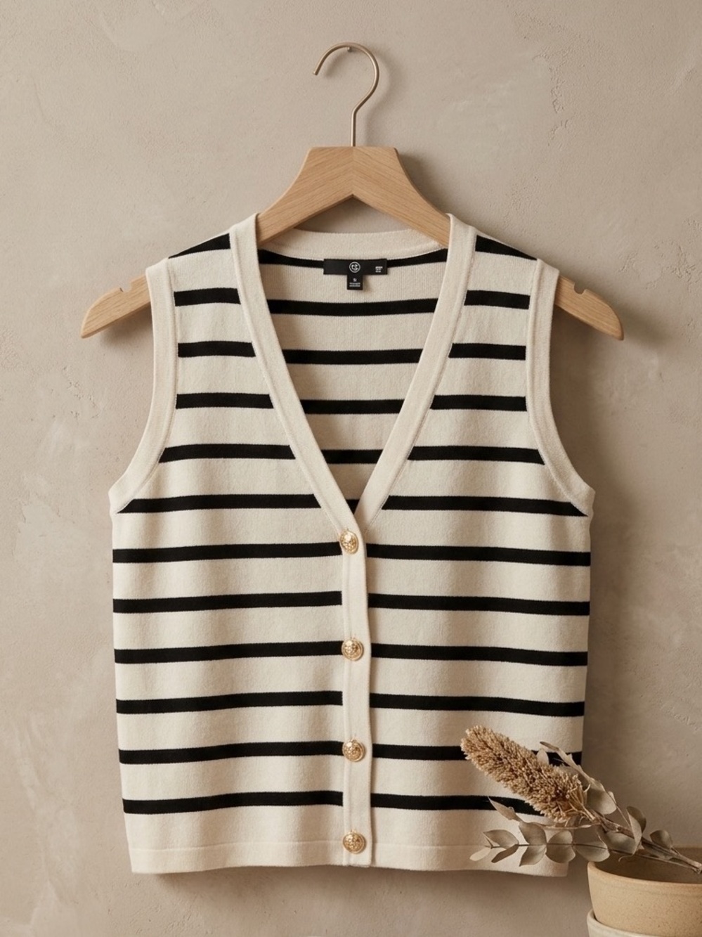 Cream and Black Striped Button-Front Sweater Vest